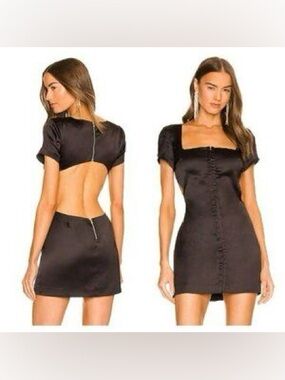 Michael Costello x revolve Sleek Black Satin Short Sleeve Cutout Mini Dress xs